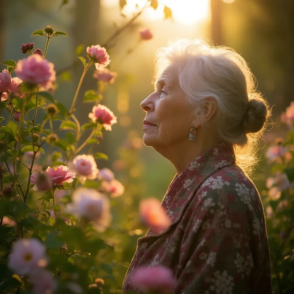 foto de una mujer de 70 años, contemplando un jardín lleno de flores en plena primavera, luz suave del sol filtrándose a través de las hojas, creando un ambiente de paz y reflexión, su rostro sereno y lleno de sabiduría iluminado con un dorado cálido, composición centrada que resalta su conexión con la naturaleza, utilizando una lente de 50 mm para capturar los detalles de su expresión, inspirado por el estilo natural de la fotografía de Sebastião Salgado, resolución 8k, enfoque nítido y atmósfera envolvente.