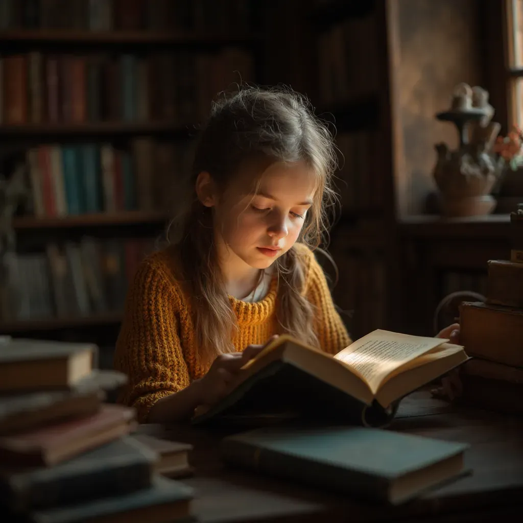 foto de una mujer de 12 años, rodeada de libros en una biblioteca antigua, luz suave que entra por las ventanas creando un ambiente mágico, sosteniendo un libro abierto mientras sonríe, capturando la curiosidad y el amor por la lectura, fondo lleno de estanterías y volúmenes coloridos que añaden textura, utilizando una lente de 50 mm para enfocar su expresión iluminada, inspirado por la fotografía nostálgica de Sally Mann, resolución 8k, detalles vibrantes y atmósfera acogedora.