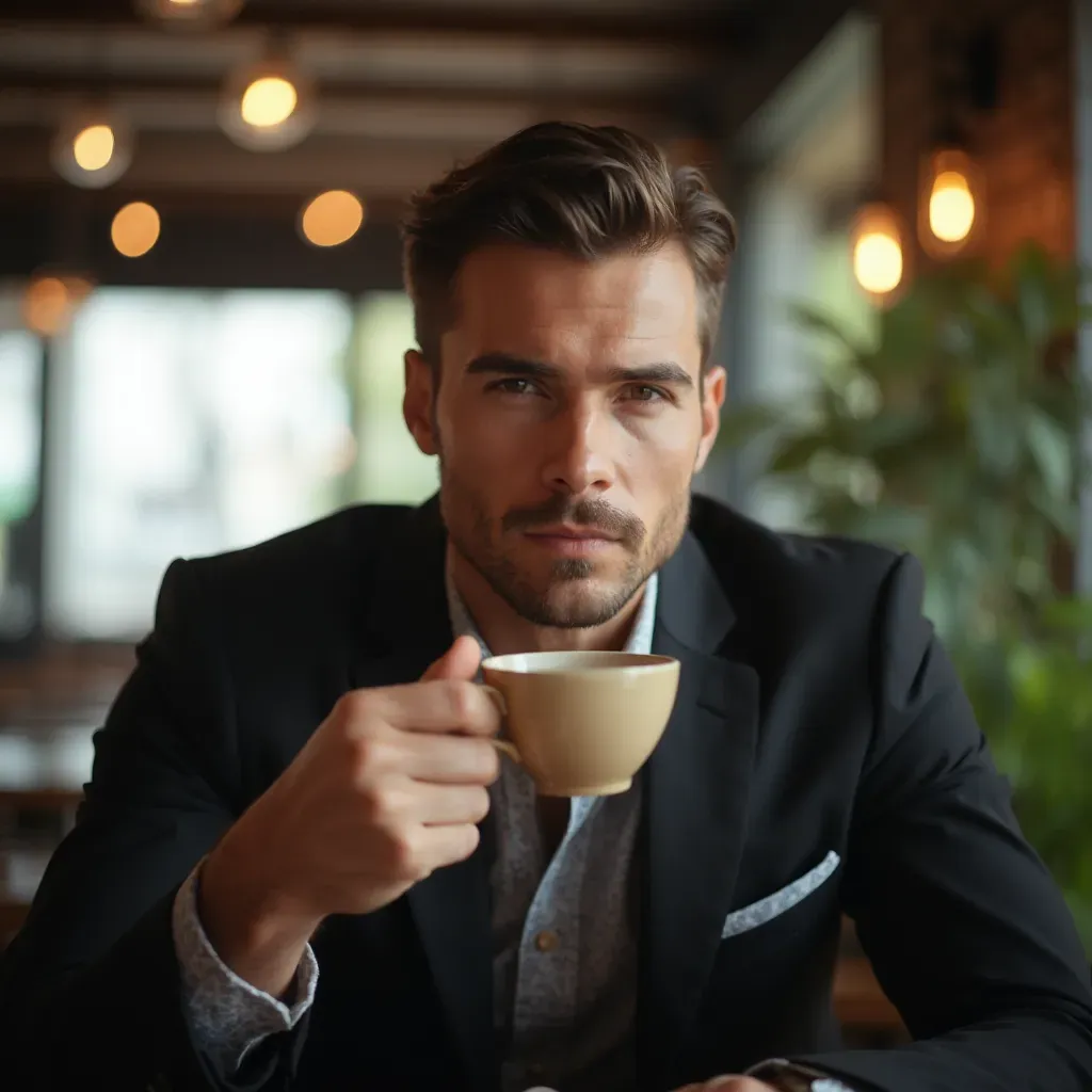 foto de un hombre de 30 años, vestido elegantemente en una cafetería moderna, sosteniendo una taza de café humeante, luz suave que entra por grandes ventanales creando un ambiente acogedor, expresión de determinación y sueños en su rostro, fondo desenfocado que resalta su figura, utilizando una lente de 50 mm para capturar la intimidad del momento, inspirado por el estilo de fotografías de Peter Lindbergh, resolución 8k, detalles meticulosos y enfoque natural.