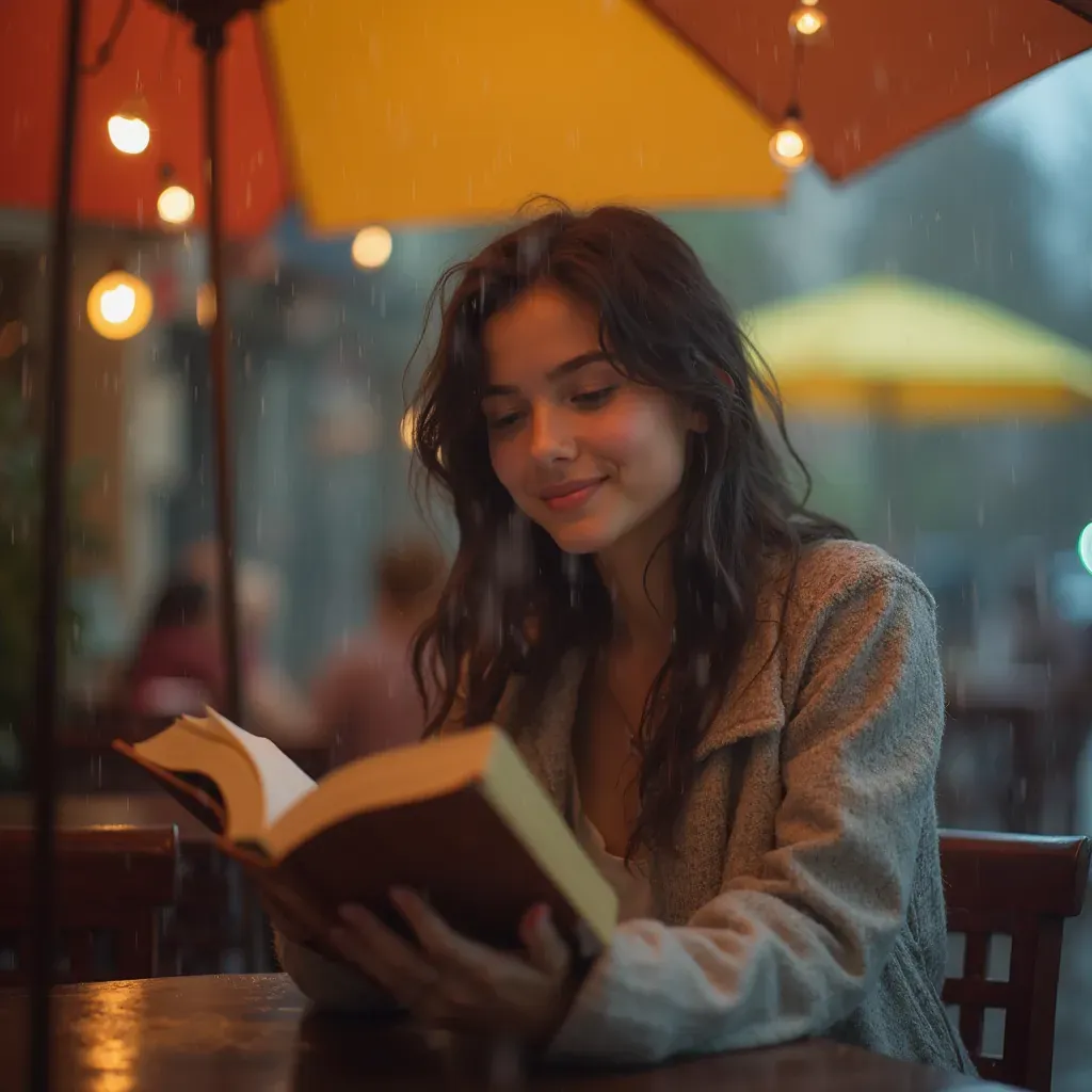 foto de una mujer de 16 años, disfrutando de una tarde lluviosa mientras lee un cuaderno bajo un paraguas colorido en un café al aire libre, la luz cálida de las luces del café creando un ambiente acogedor, gotas de lluvia resbalando suavemente por el paraguas, expresión de felicidad y reflexión en su rostro, composición centrada que destaca los detalles del escenario, utilizando una lente de 50 mm, inspirado por el estilo íntimo de la fotografía de Elizaveta Porodina, resolución 8k, colores ricos y suaves contrastes.