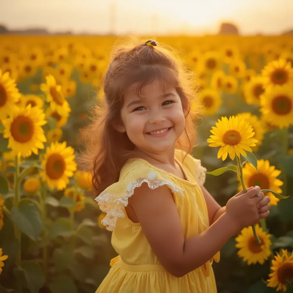 foto de una mujer de 5 años, posando con una flor en la mano, rodeada de un campo de girasoles bajo la luz dorada del atardecer, su expresión de pura alegría refleja la inocencia de la infancia, fondo lleno de colores vibrantes que resaltan su pequeño rostro, utilizando una lente de 85 mm para un enfoque suave en su mirada, inspirado por el estilo encantador de la fotografía de Anne Geddes, resolución 8k, iluminación cálida y envolvente.