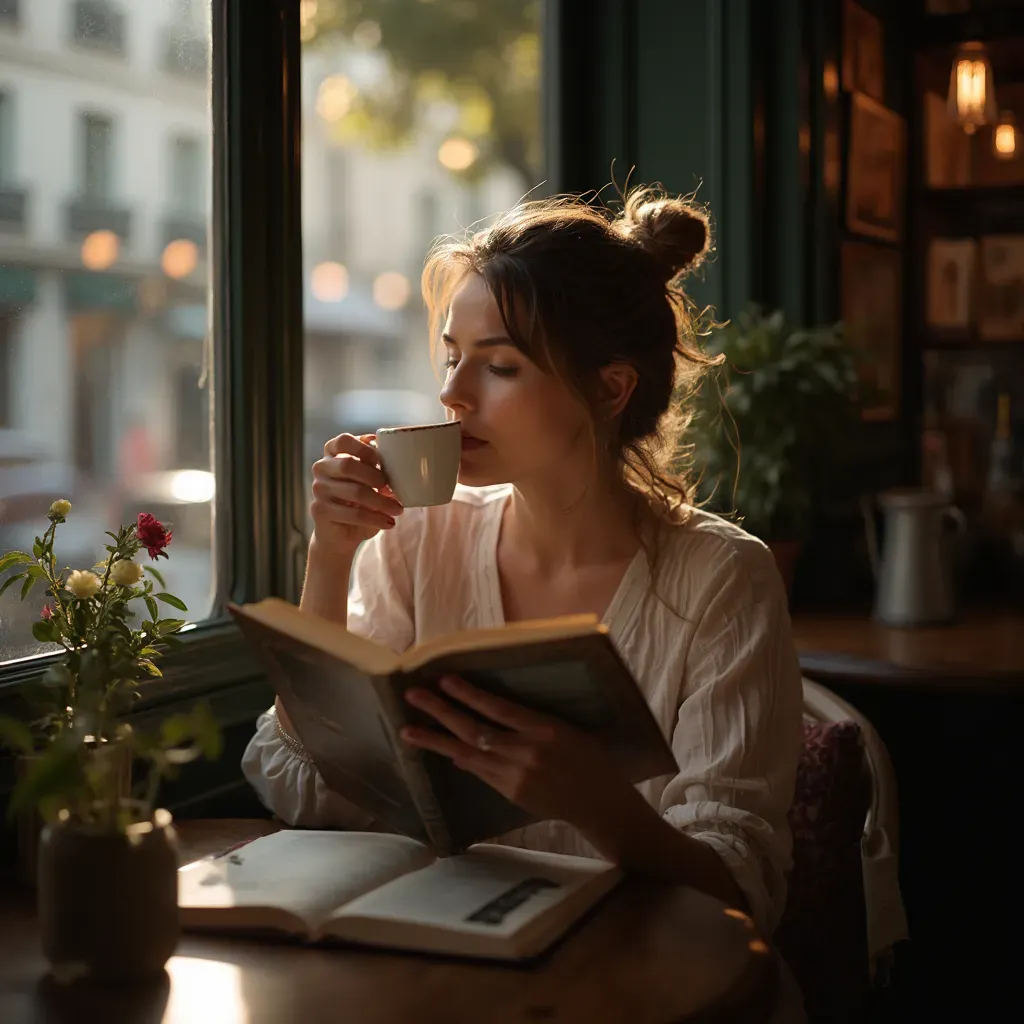 foto de una mujer de 30 años, sentada en un café parisino, disfrutando de un libro mientras toma un espresso, luz natural suave entrando por las ventanas creando un ambiente acogedor, expresión de concentración y paz en su rostro, fondo desenfocado que resalta un entorno urbano encantador, utilizando una lente de 50 mm para capturar la intimidad del momento, inspirado por el estilo romántico de la fotografía de Henri Cartier-Bresson, resolución 8k, detalles meticulosos y un suave juego de luces.