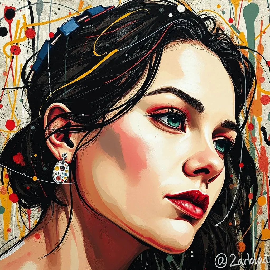  retrato de una mujer, inspirado en Pollock, espontáneo, pintura goteada, artstation, arte conceptual, ilustración, Jackson Pollock, Willem de Kooning