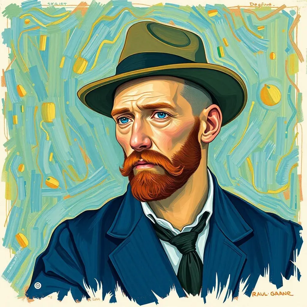  retrato de un hombre, inspirado en Van Gogh, colores vivos, pinceladas gruesas, artstation, arte conceptual, ilustración, Vincent van Gogh, Paul Cézanne