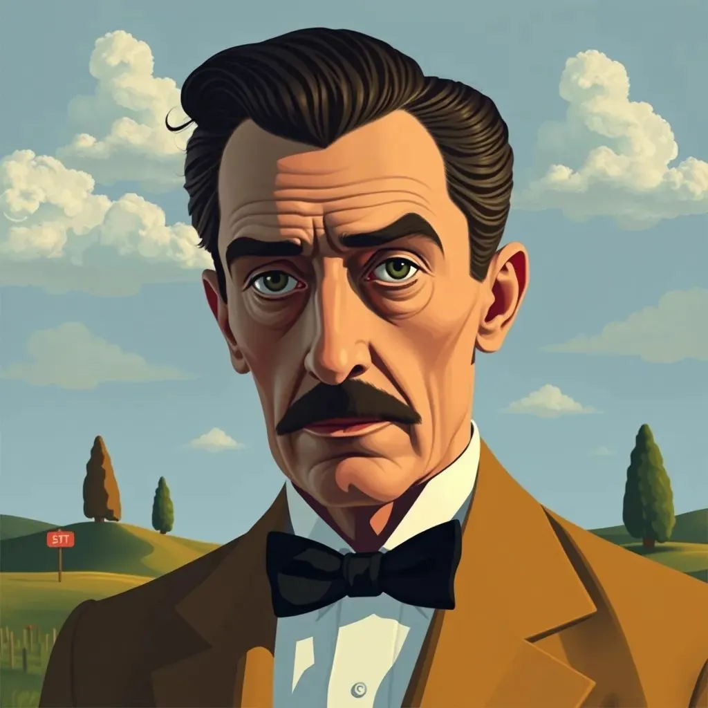  retrato de un hombre, inspirado en Dalí, onírico, paisajes extraños, artstation, arte conceptual, ilustración, Salvador Dalí, Rene Magritte