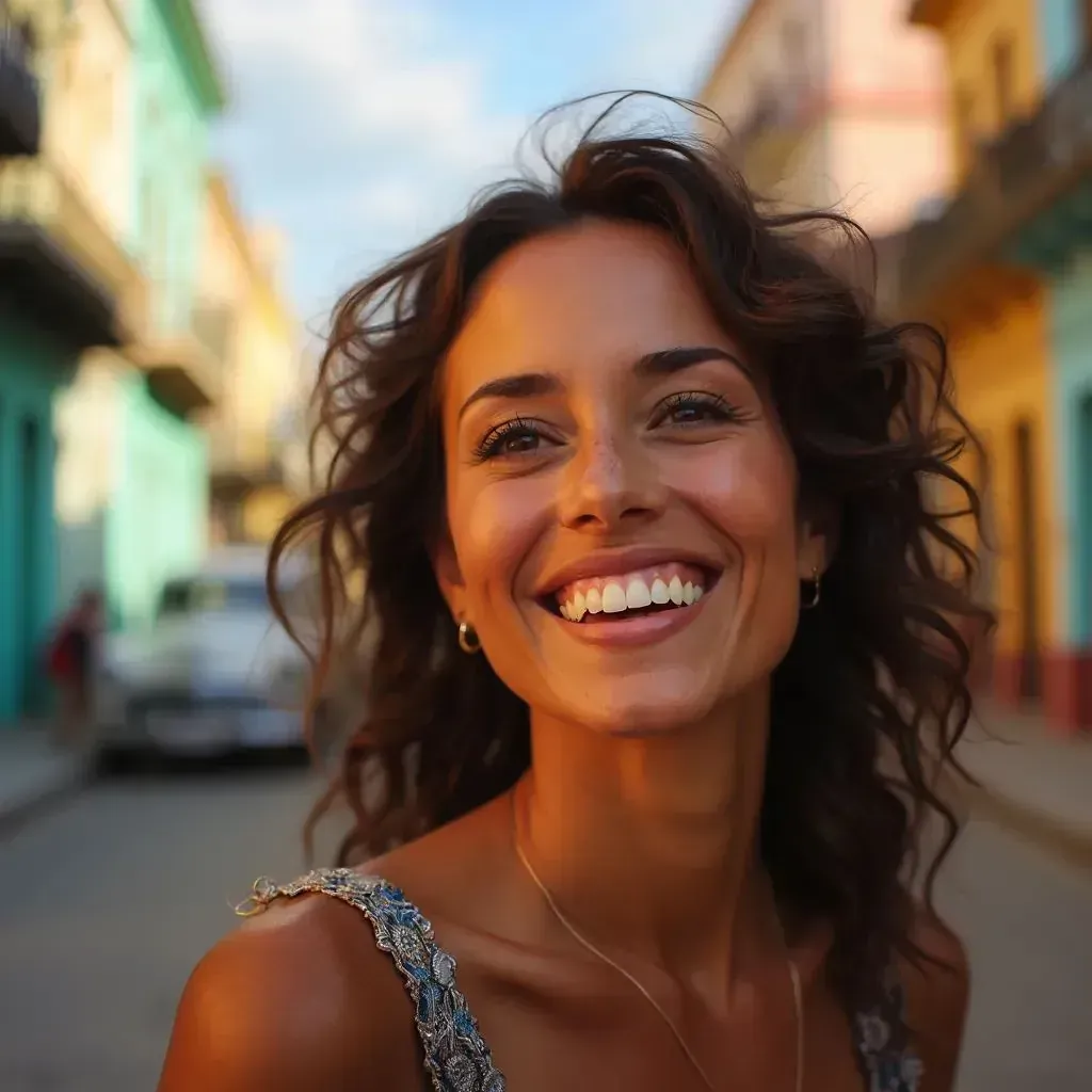 ️ mujer sonriente en La Habana con el colorido casco antiguo de fondo