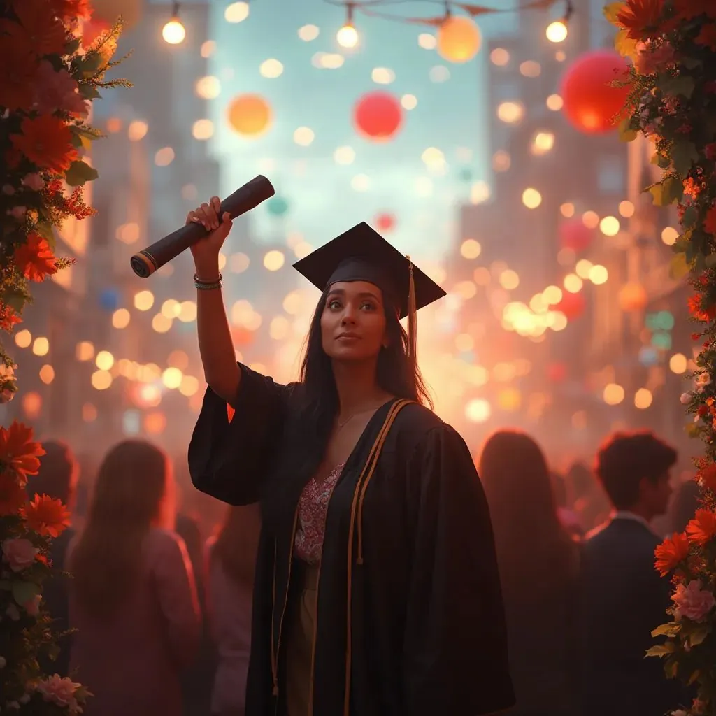 una mujer graduada de pie en un escenario decorado con flores, sosteniendo su diploma en una mano mientras mira al horizonte con una sonrisa de orgullo, simbolizando la esperanza y el

futuro brillante que la espera después de sus años de esfuerzo académico. Al fondo, un grupo de amigos aplaudiendo y compartiendo su felicidad, en un ambiente festivo lleno de globos y banderas.