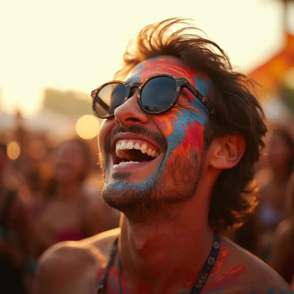  un hombre disfrutando de una actuación en vivo en un día soleado, con un atrevido diseño de pintura facial, irradiando la alegría y emoción del festival