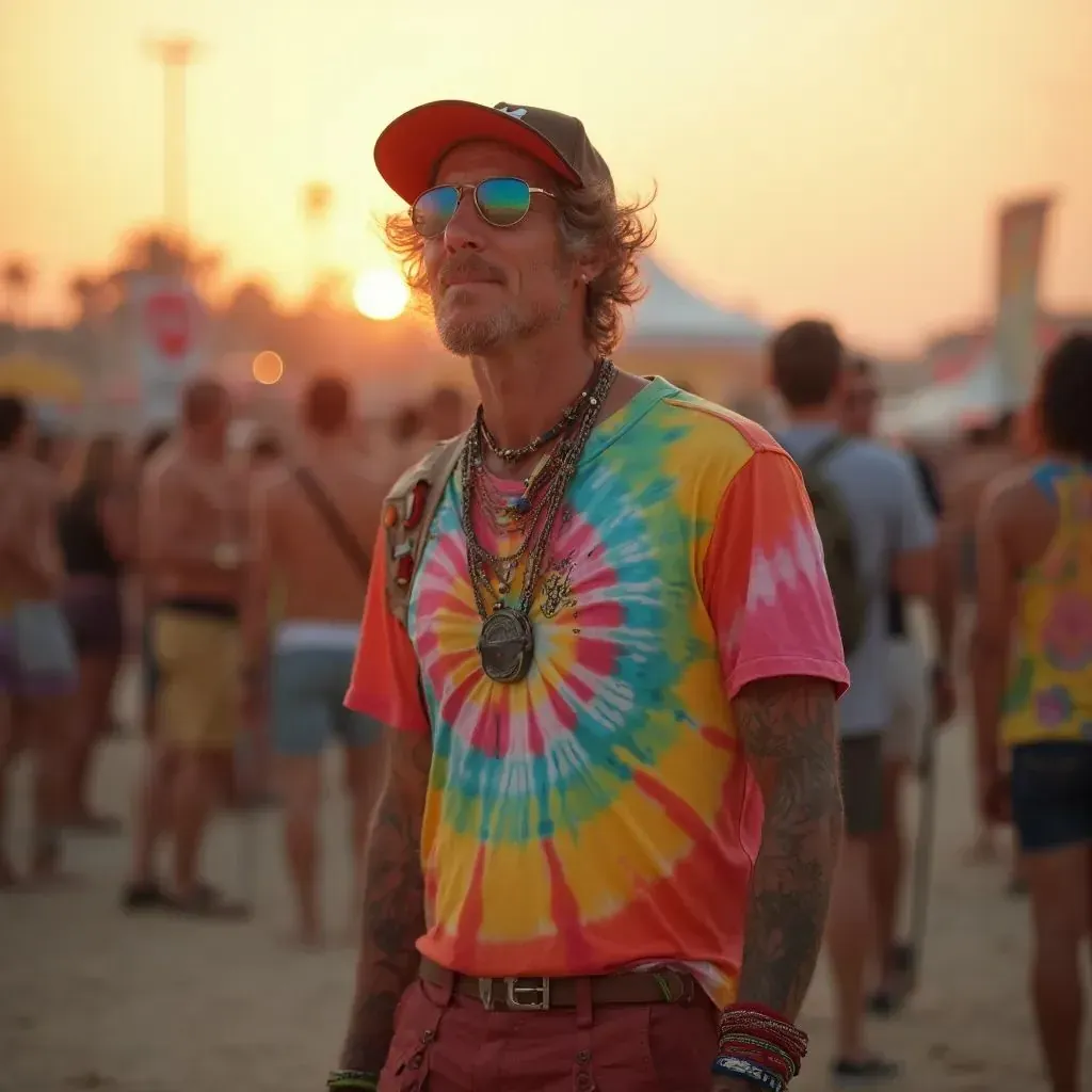  un hombre con una camiseta de tinte y pantalones cortos cargo, personificando la cultura del bricolaje y la personalización de los festivales de música