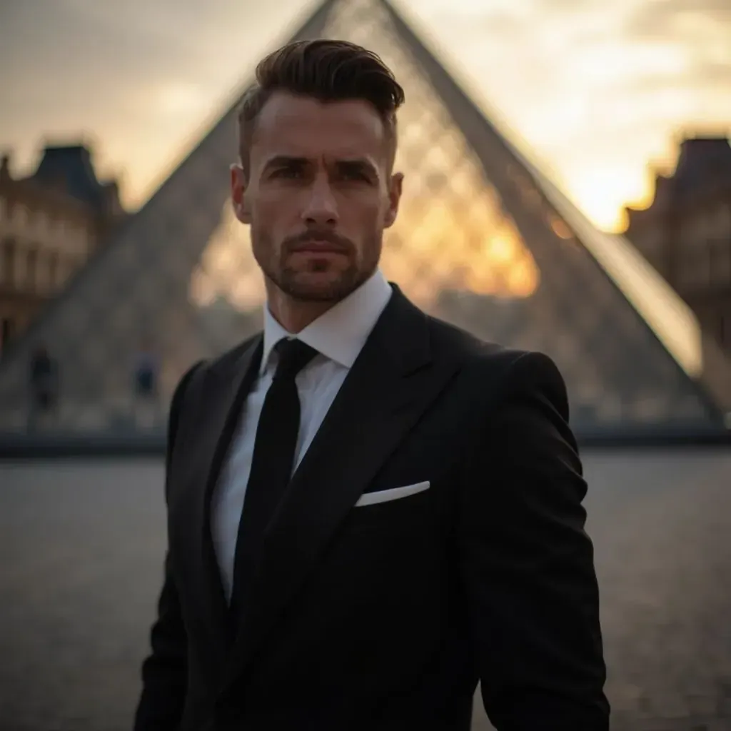  hombre afilado y a la moda en París usando un elegante vestido/traje negro, pirámide del Louvre de fondo