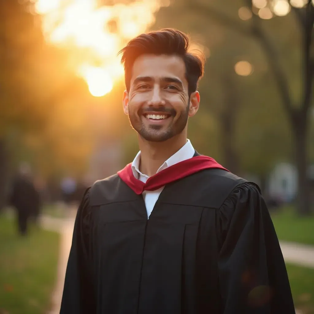  un hombre graduado vistiendo su toga académica, capturando la gratitud y la mentoría experimentadas durante su trayectoria universitaria