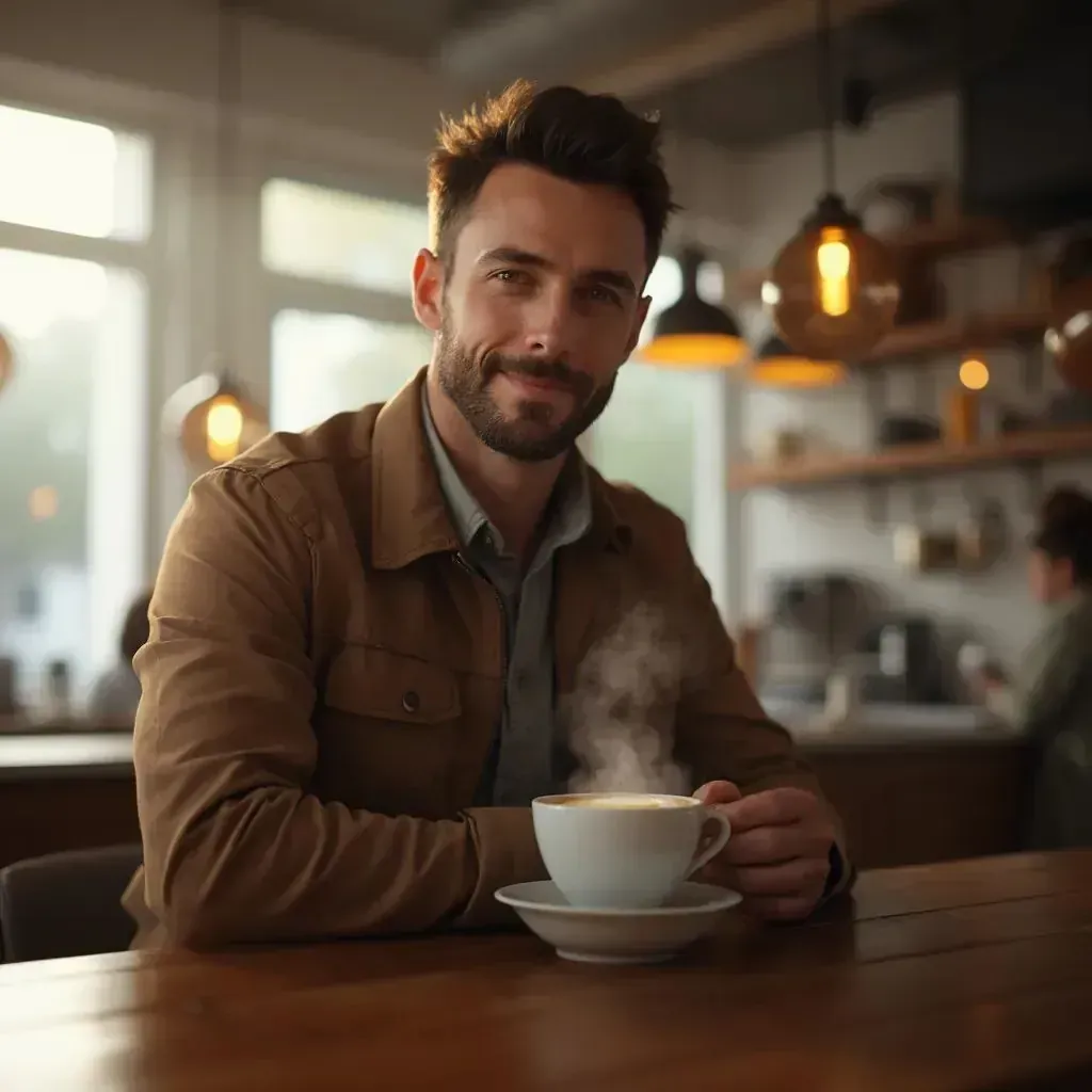  hombre en un café moderno, sosteniendo una taza de café recién preparado