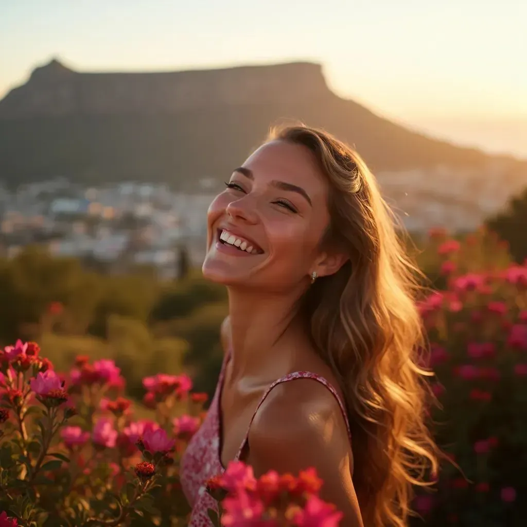 ️ mujer sonriendo en Ciudad del Cabo con la Montaña de la Mesa de fondo