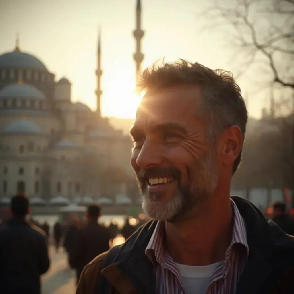 ️ hombre sonriente en Estambul con la mezquita de fondo