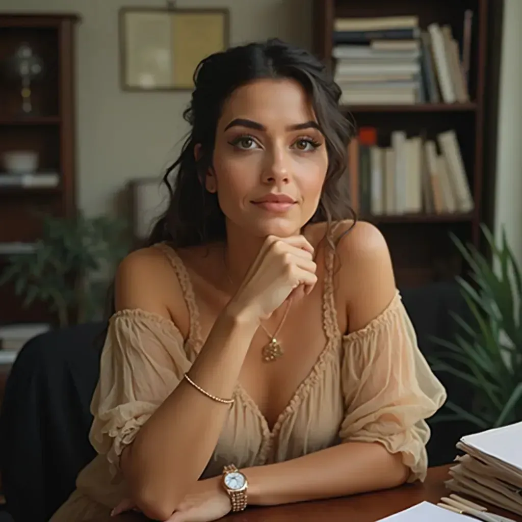  retrato de mujer, sentada en un escritorio, en una (oficina), blusa elegante de encaje, falda lápiz, maquillaje