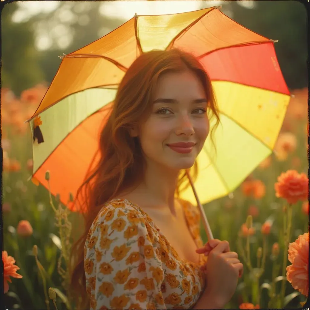 👩 mujer en una fotografía nostálgica de Polaroid, capturada en un jardín lleno de flores, sonriendo y sosteniendo una sombrilla colorida, con luz suave de atardecer filtrándose entre las hojas.