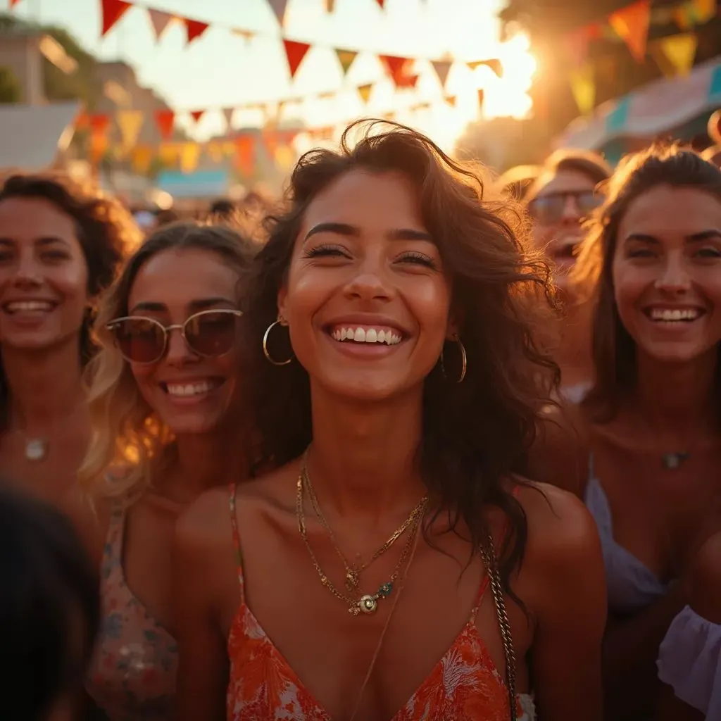  una mujer deslumbrante rodeada de un grupo de amigos, capturando el sentido de comunidad y celebración en el festival