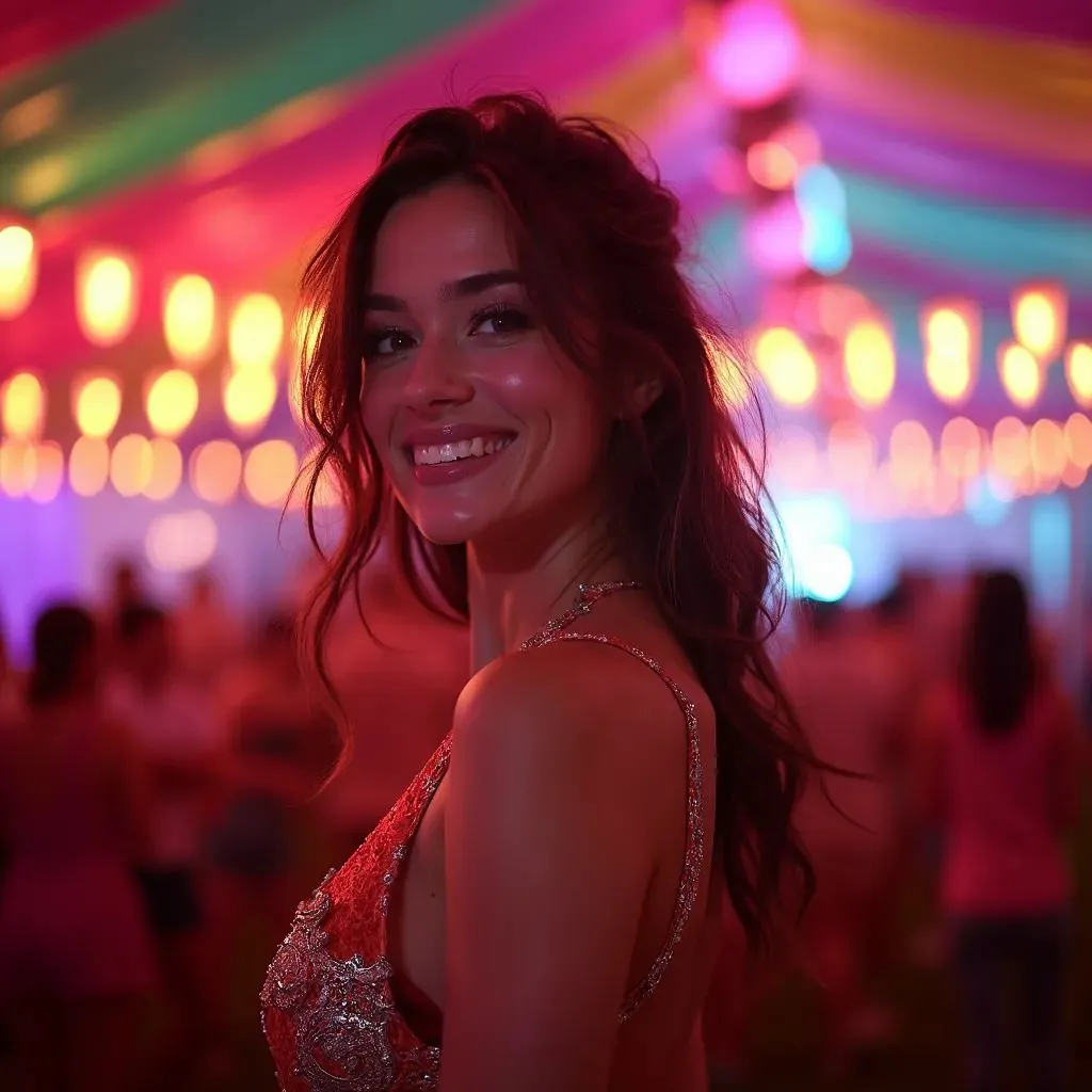  una mujer increíblemente atractiva en un atuendo de festival, abrazando la vibra del festival y posando frente a un fondo de luces de escenario coloridas y decoraciones