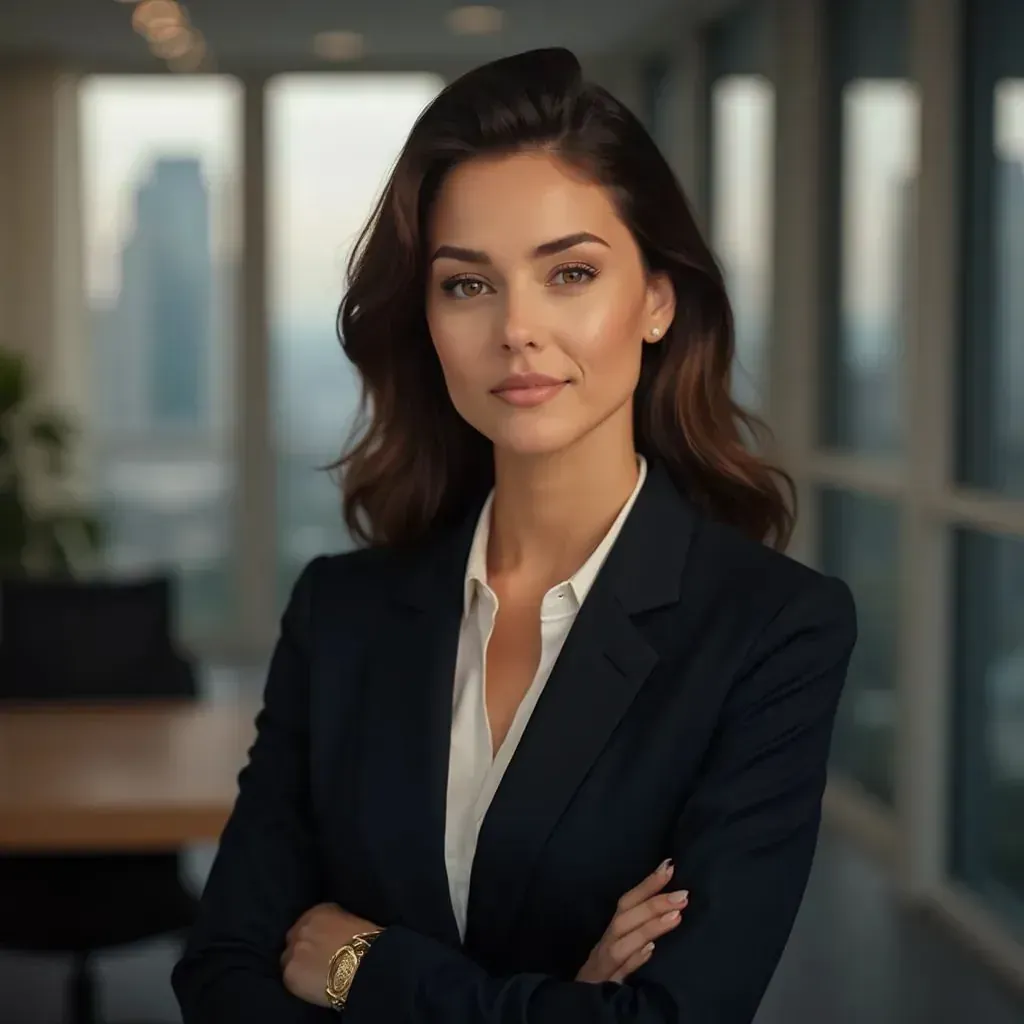  Retrato profesional de mujer en 8k, detalles nítidos, fondo de estudio, atuendo ejecutivo, postura confiada, expresión neutral, alta definición, entorno corporativo, enfoque nítido, iluminación ambiental, profesional de negocios, vista de la ciudad