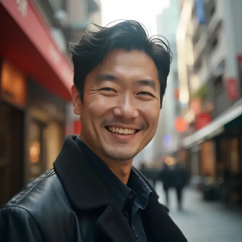 ️ hombre sonriendo en Seúl en Gangnam en la calle de compras de lujo Cheongdamdong. tiendas visibles en el fondo