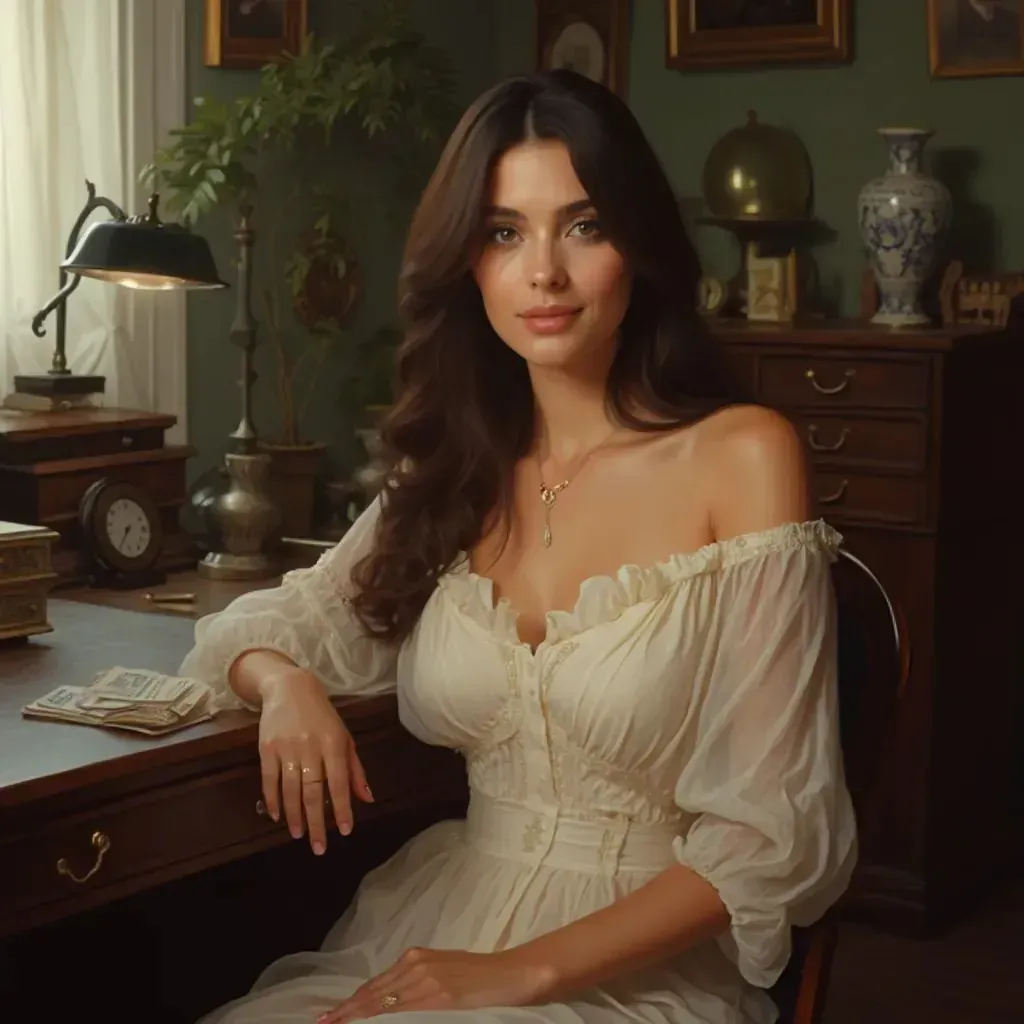  retrato de mujer, sentada en un escritorio, en una (oficina), blusa elegante, falda lápiz, maquillaje