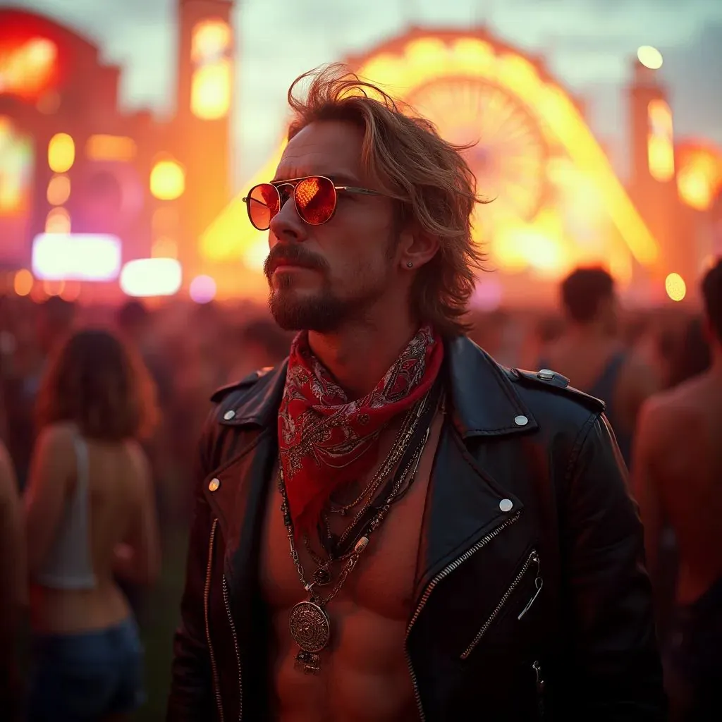  un hombre impresionante con una chaqueta de cuero y bandana, encarnando la fusión de estilos bohemios y rock n roll en el festival