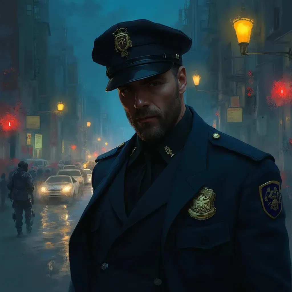  retrato de un hombre policía encubierto, luces de la ciudad, operaciones nocturnas, pintura digital, artstation, suave, enfoque nítido, ilustración, artgerm, peter mohrbacher, donato giancola