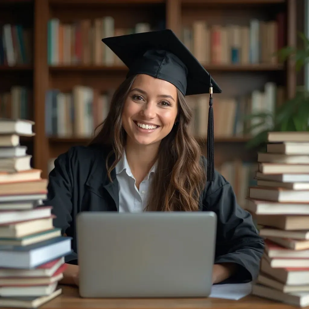  una mujer graduada rodeada de libros y una computadora portátil, simbolizando la dedicación académica y los logros durante sus estudios universitarios