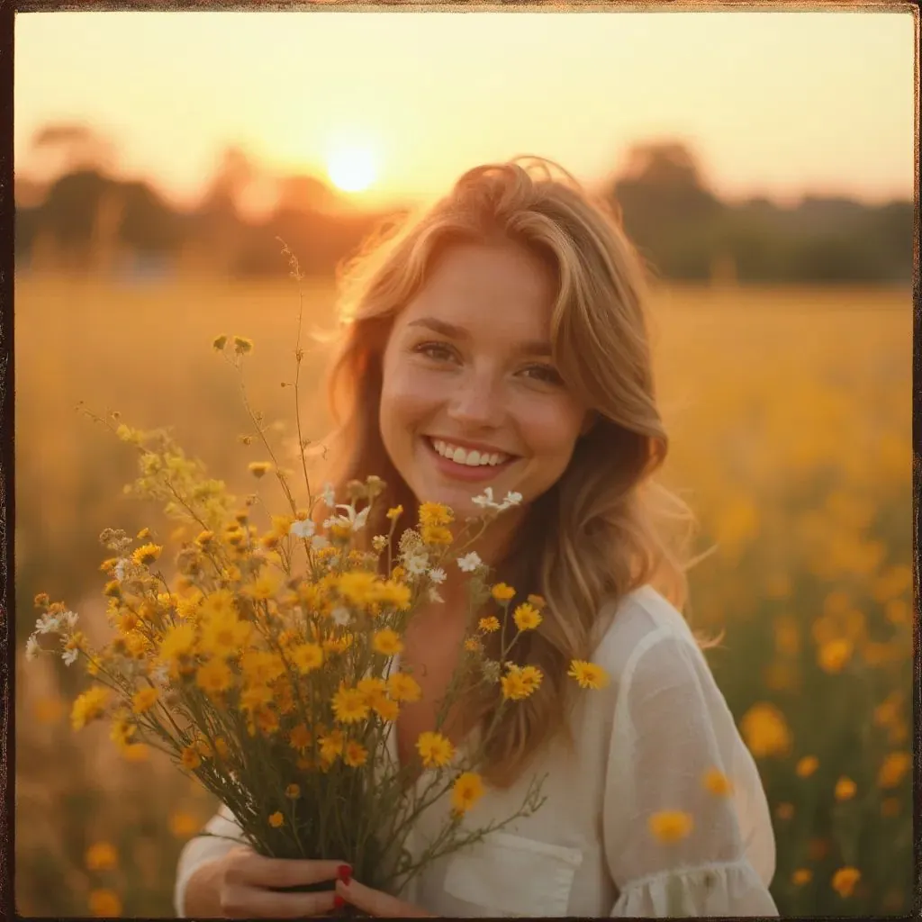 🌼 mujer en una fotografía clásica de Polaroid sonriendo mientras sostiene un ramo de flores silvestres en un campo dorado al atardecer.