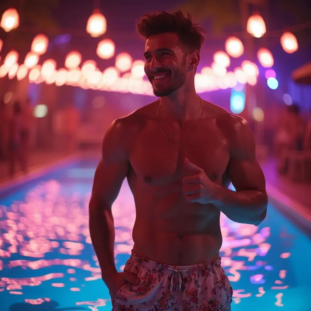  hombre sonriente, cuerpo en forma con pantalones cortos de baño de seda floral y sin camisa en una fiesta en la piscina con luces de neón