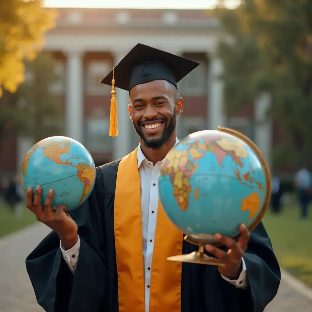  un hombre graduado en su toga académica, sosteniendo un globo o un mapa, representando su perspectiva global y aspiraciones para hacer un impacto en el mundo