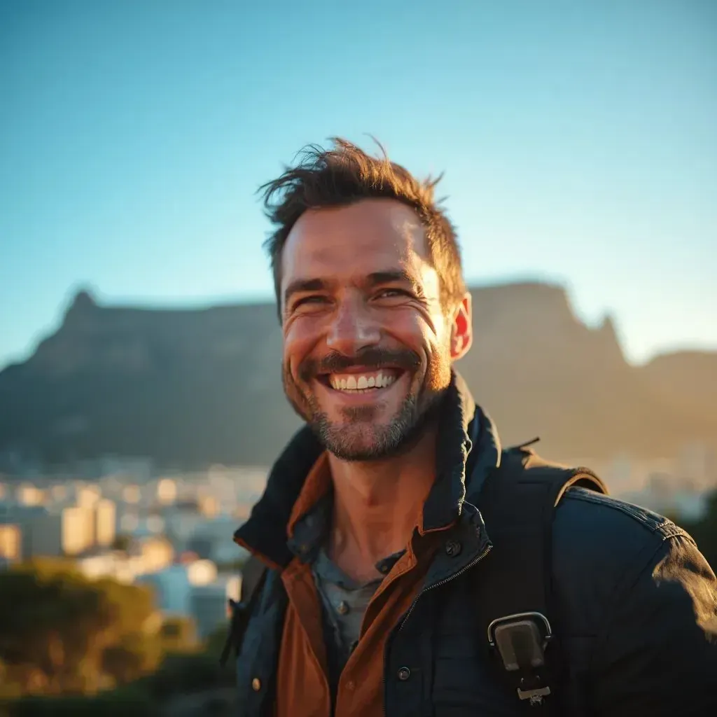 ️ hombre sonriendo en Ciudad del Cabo con la Mesa en el fondo