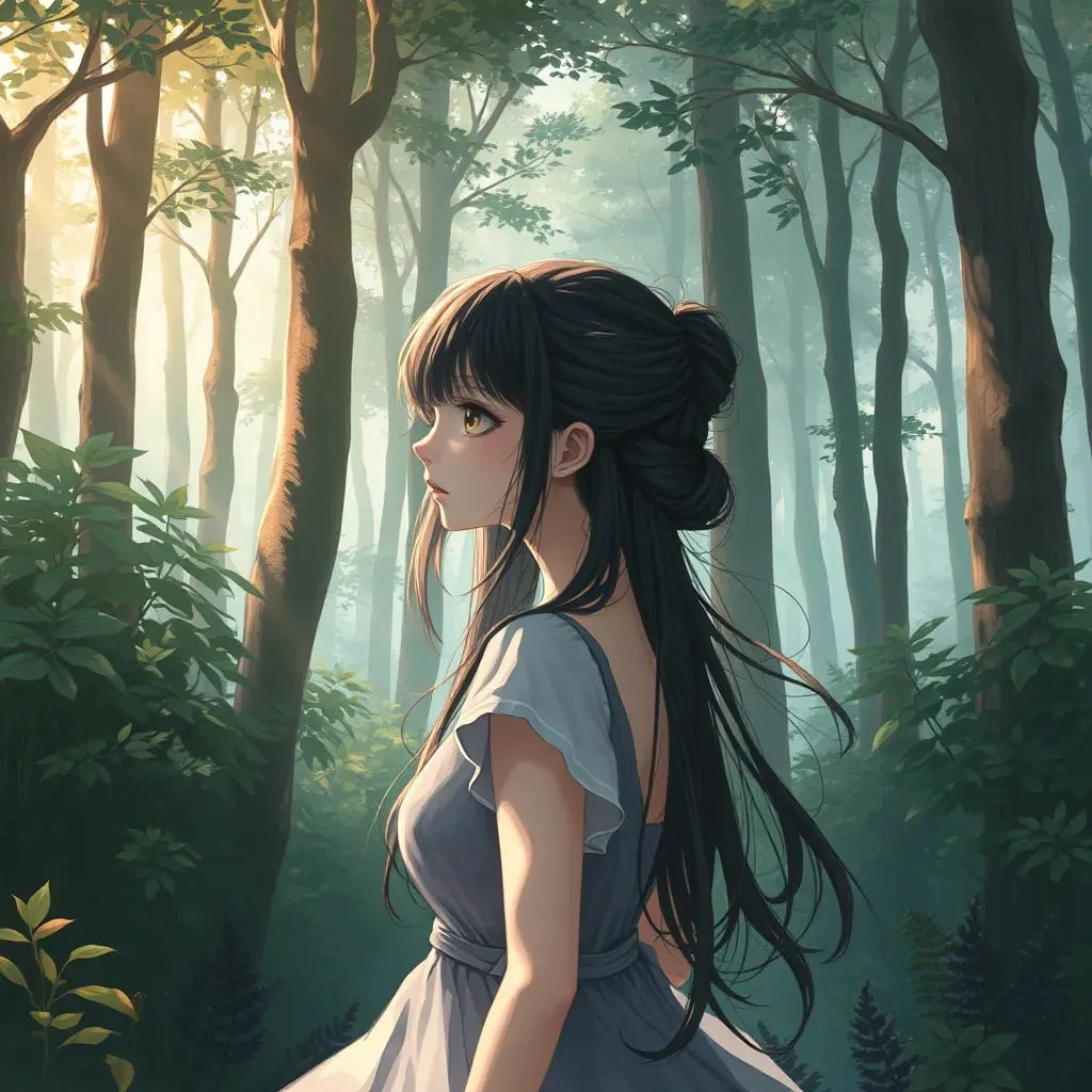  retrato de una mujer, en un entorno de bosque tormentoso y melancólico, tramando venganza, pintura digital, artstation, arte conceptual anime, suave, enfoque nítido, ilustración, yana toboso, akiko higashimura, akihito tsukushi