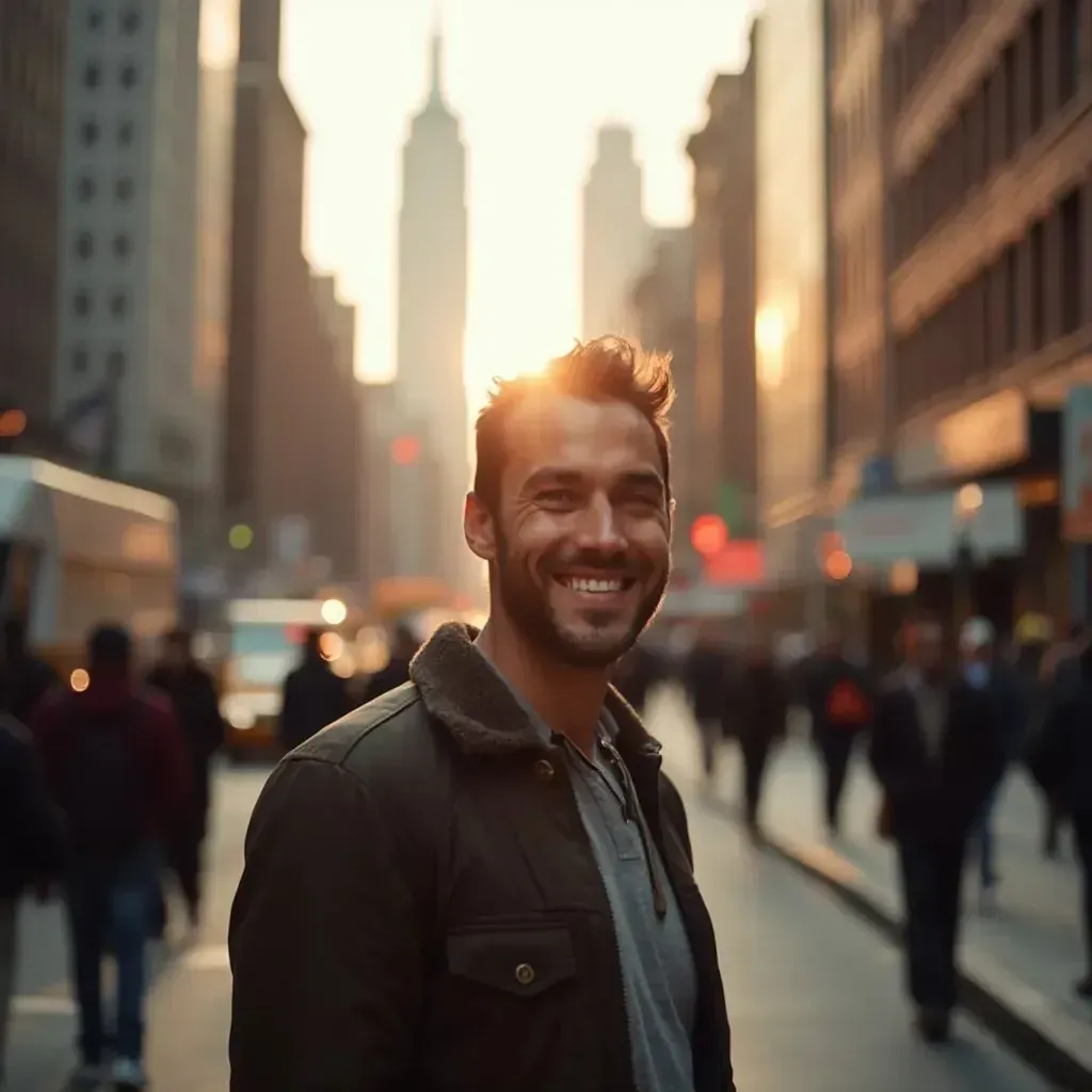 ️ hombre sonriente en la ciudad de Nueva York con Manhattan de fondo