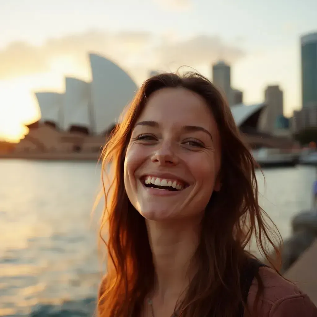 ️ mujer sonriendo en Sídney con la Ópera de Sídney de fondo