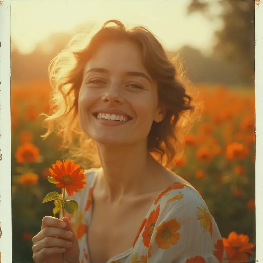 📷 mujer en una fotografía Polaroid retro, sonriendo mientras sostiene una flor en un jardín lleno de colores vibrantes, con luz suave del atardecer iluminando su rostro.