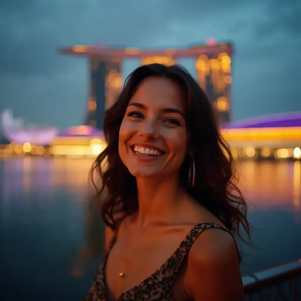 ️ mujer sonriendo en Singapur con Marina Bay Sands de fondo