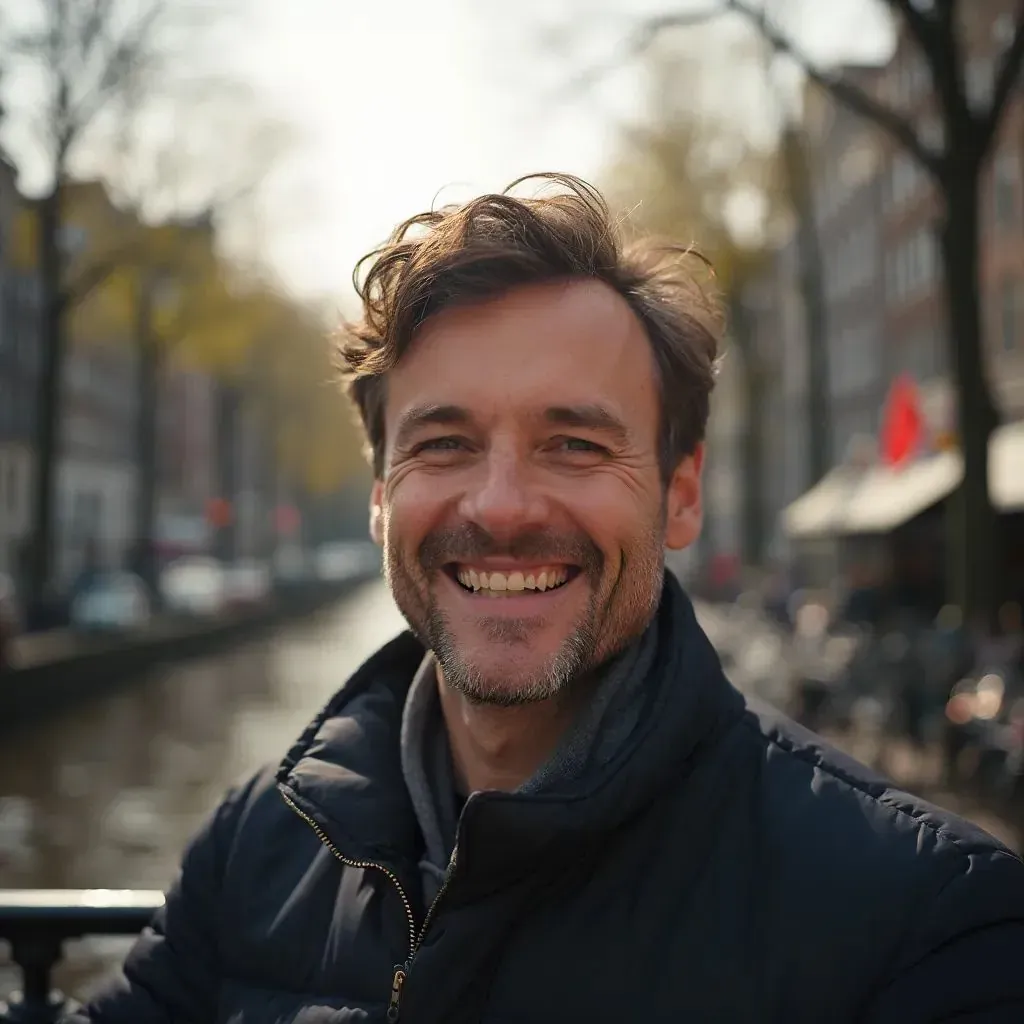 ️ hombre sonriendo en Ámsterdam con los canales de Ámsterdam de fondo