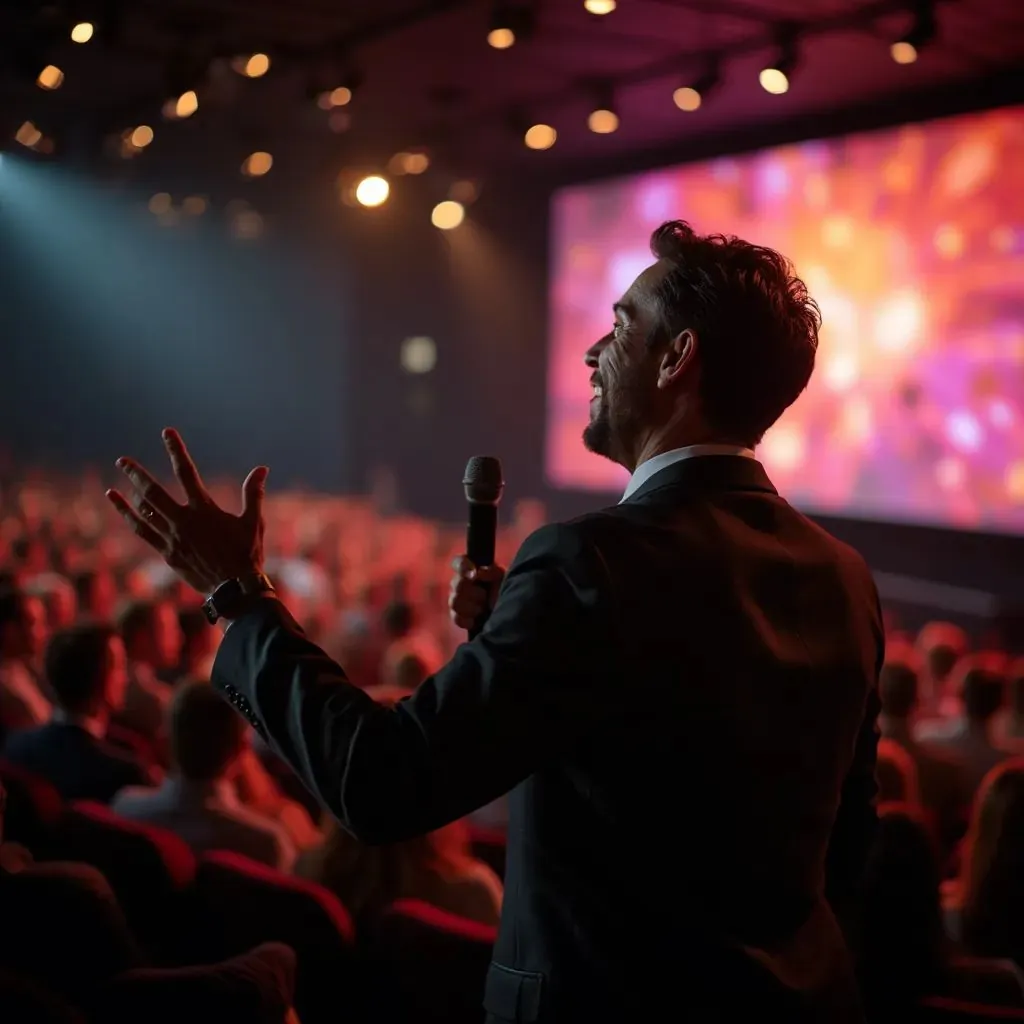 Hombre carismático como orador principal en un auditorio moderno, con una gran pantalla detrás proyectando gráficos dinámicos, mientras interactúa con el público y sostiene un micrófono, con una iluminación dramática que resalta su entusiasmo y confianza.