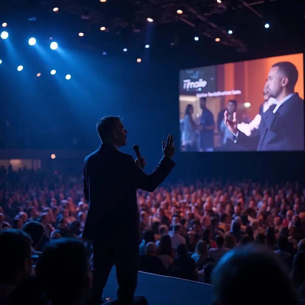 Hombre carismático como orador principal en un gran auditorio, de pie frente a una multitud cautivada, iluminado por focos de colores, sosteniendo un micrófono y gesticulando con entusiasmo, mientras una gran pantalla detrás muestra gráficos inspiradores relacionados con su charla.