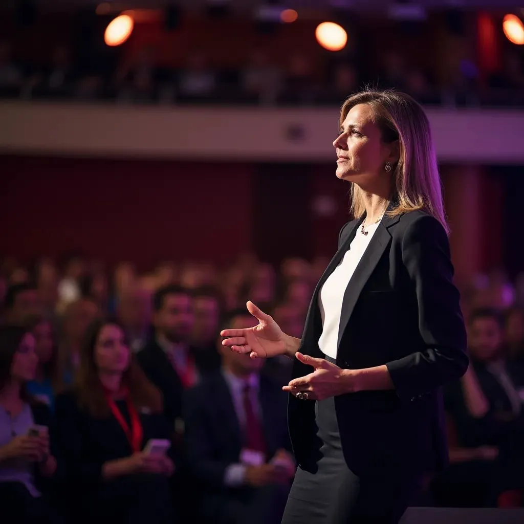  mujer como oradora principal en una conferencia de pie en el escenario