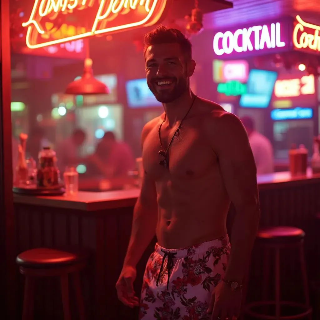  hombre sonriendo, cuerpo en forma en pantalones cortos de seda con flores y sin camisa en un bar de cócteles con luces de neón