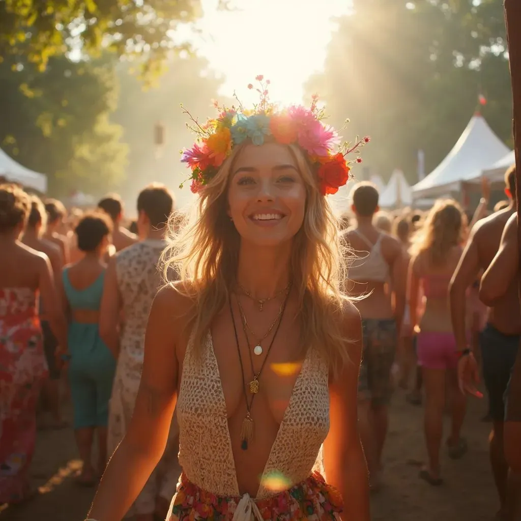  una mujer deslumbrante como asistente a un festival, bailando y disfrutando de la música en una multitud vibrante, vistiendo un vestido boho chic y una corona de flores