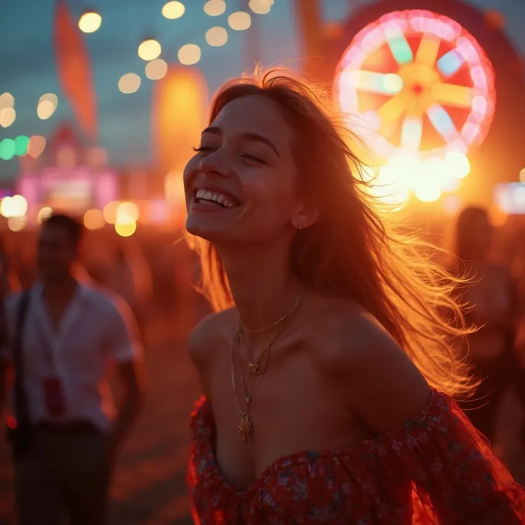  una mujer con una falda bohemia fluida y un top corto, capturando su energía contagiosa y entusiasmo por la música