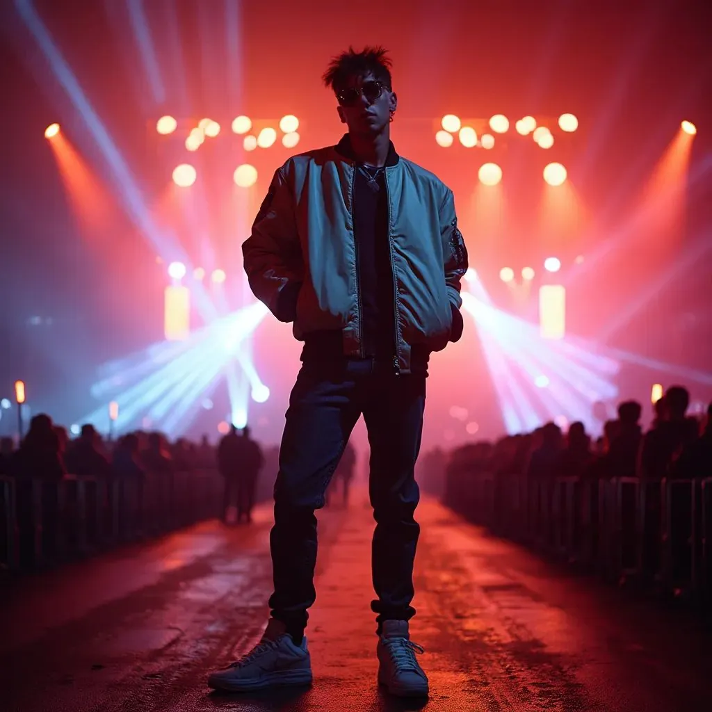  un hombre con una cool chaqueta bomber y zapatillas, posando frente a un fondo de escenario, capturando la emoción de un festival de música