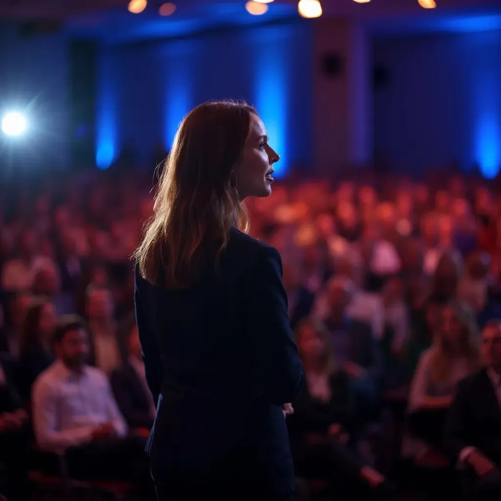  mujer como oradora principal en una conferencia de pie en el escenario de una conferencia