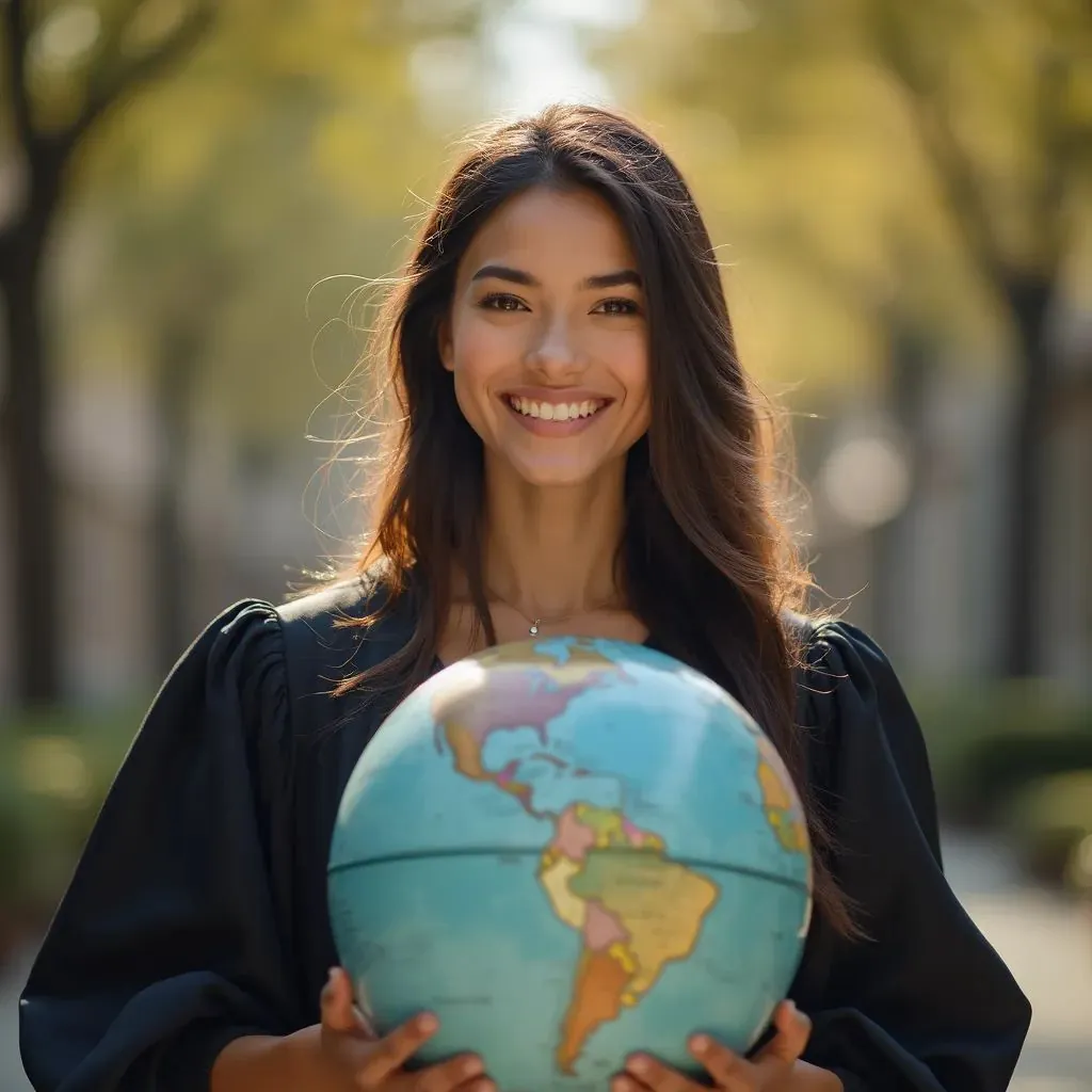  una mujer graduada en su toga académica, sosteniendo un globo o un mapa, representando su perspectiva global y aspiraciones por tener un impacto en el mundo