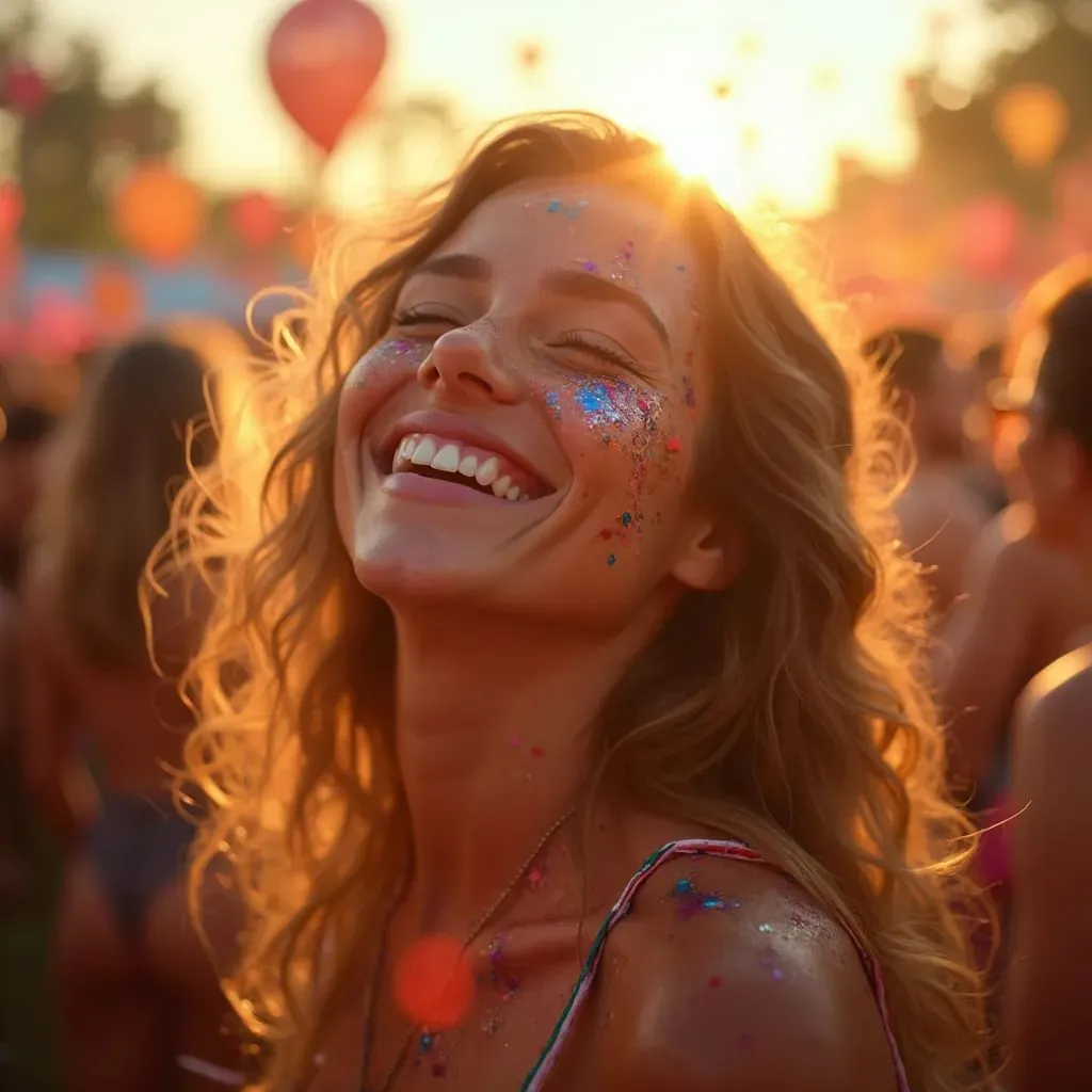  una mujer disfrutando de una actuación en vivo en un día soleado, con purpurina en su cara, irradiando la alegría y la emoción del festival