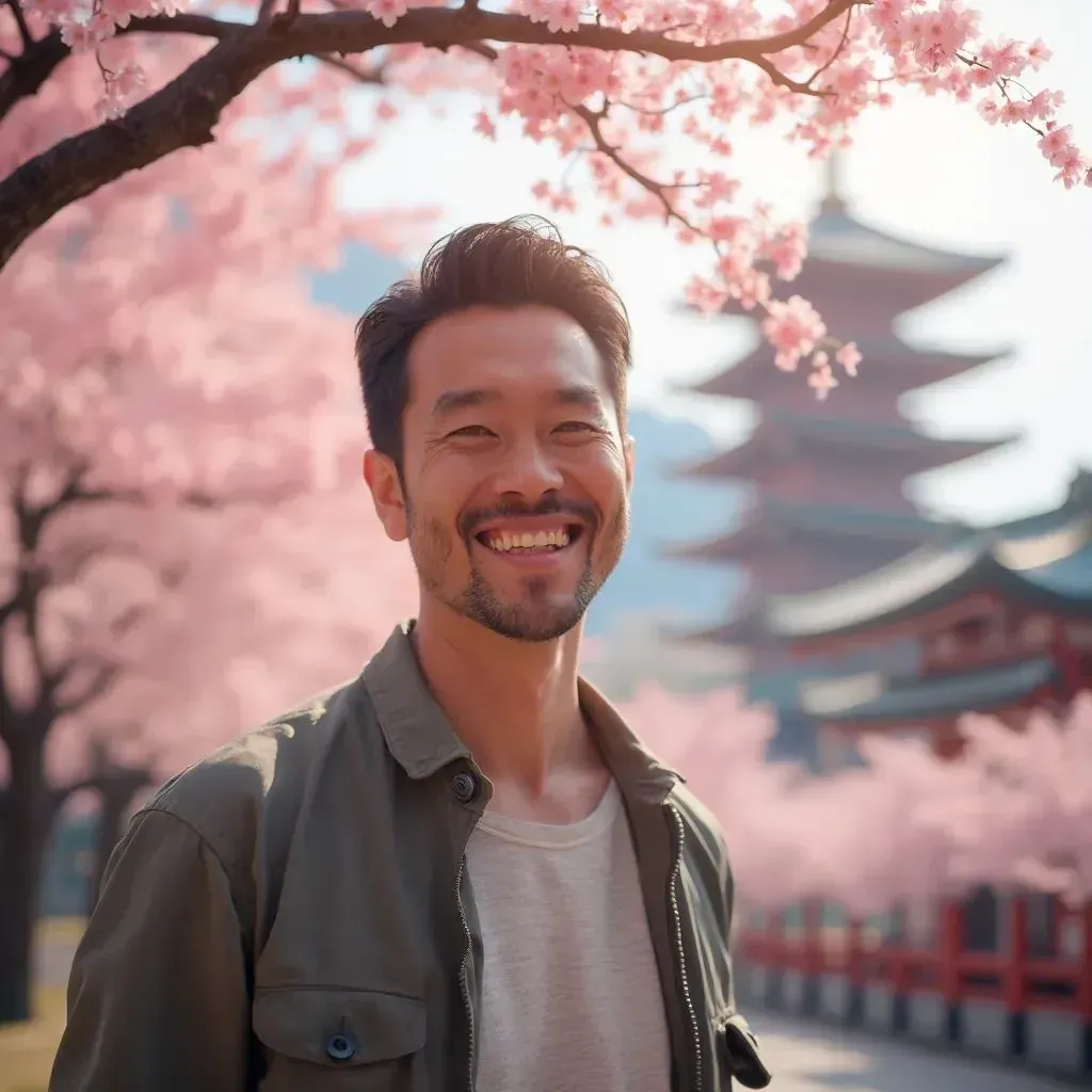 ️ hombre sonriente en Japón con árboles de cerezo japonés y templos japoneses de fondo