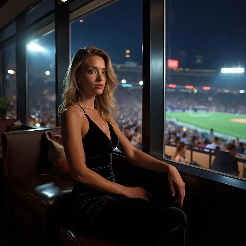  mujer con un vestido negro de corte en un box VIP en un evento deportivo por la noche, capturando la emoción de los deportes en vivo con la vida nocturna